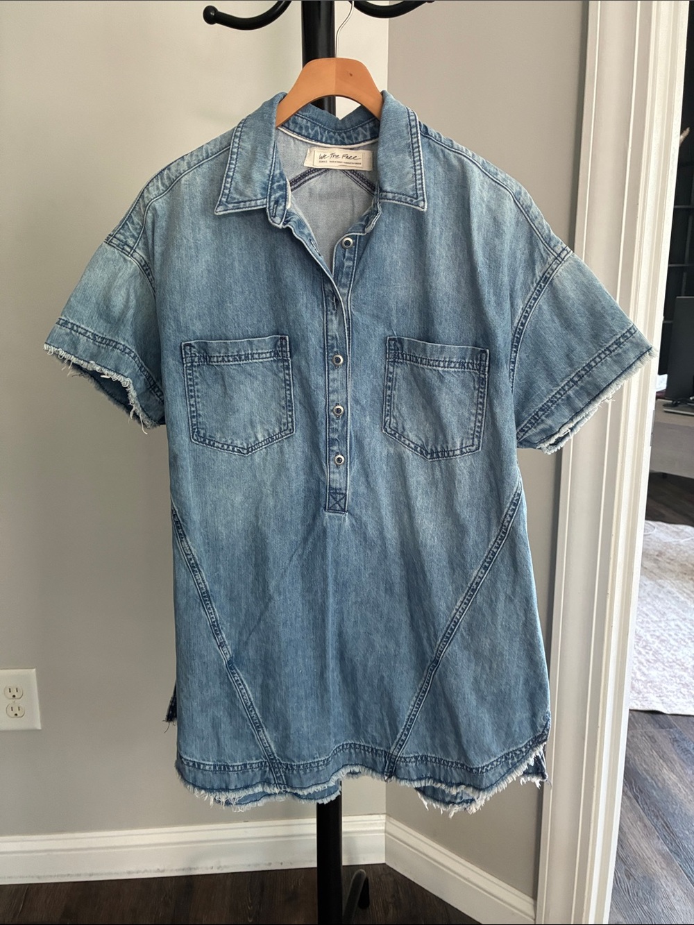 We The Free Light Blue Denim Short Sleeve Dress (XSMALL) oversized